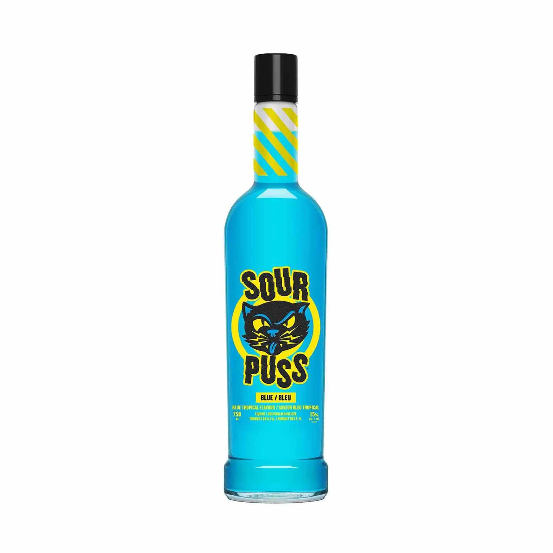 buy Sour Puss Blue 750mL, blue tropical flavor liqueur bottle with black cat logo