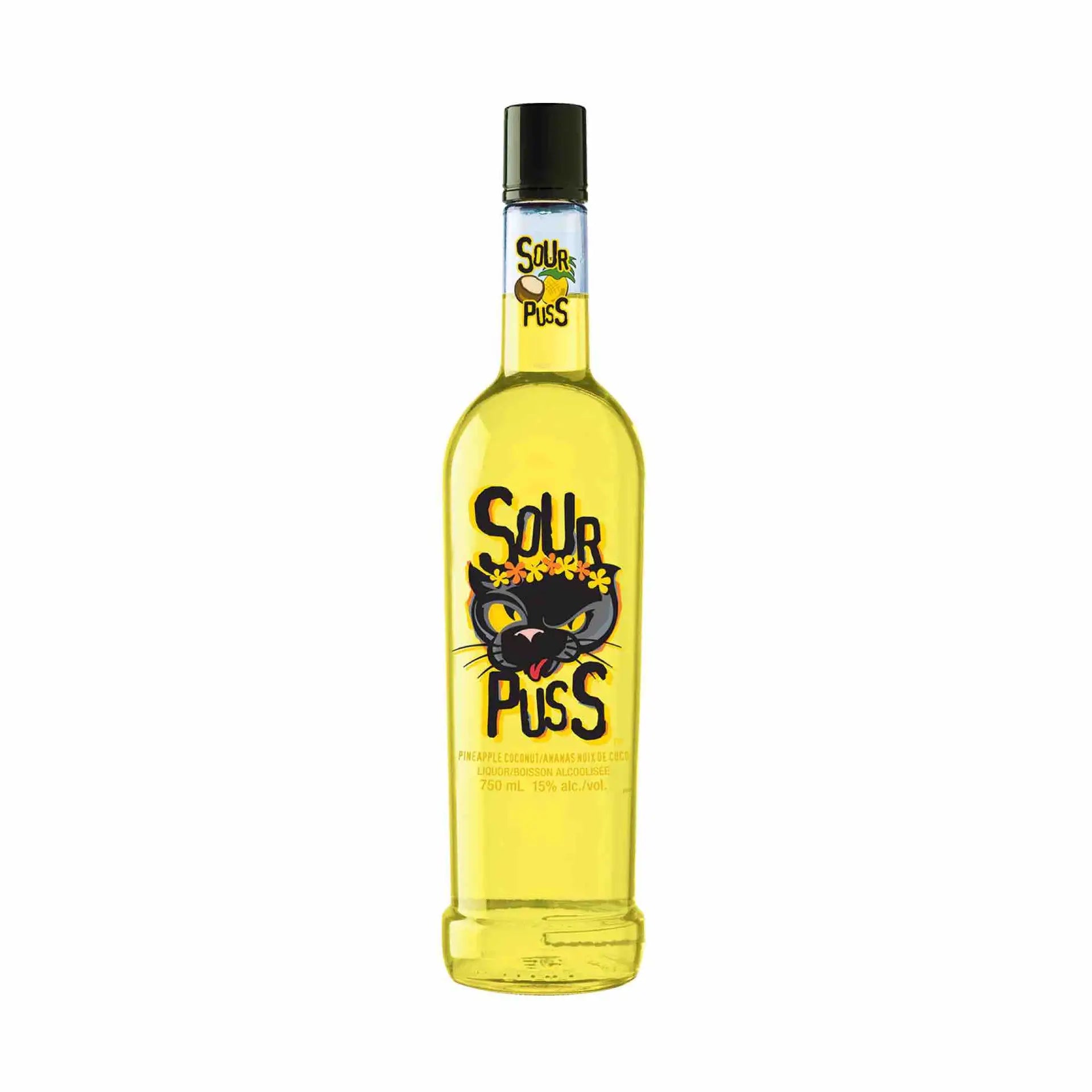 buy Sour Puss Pineapple Coconut 750mL, yellow fruit liqueur bottle with cat logo