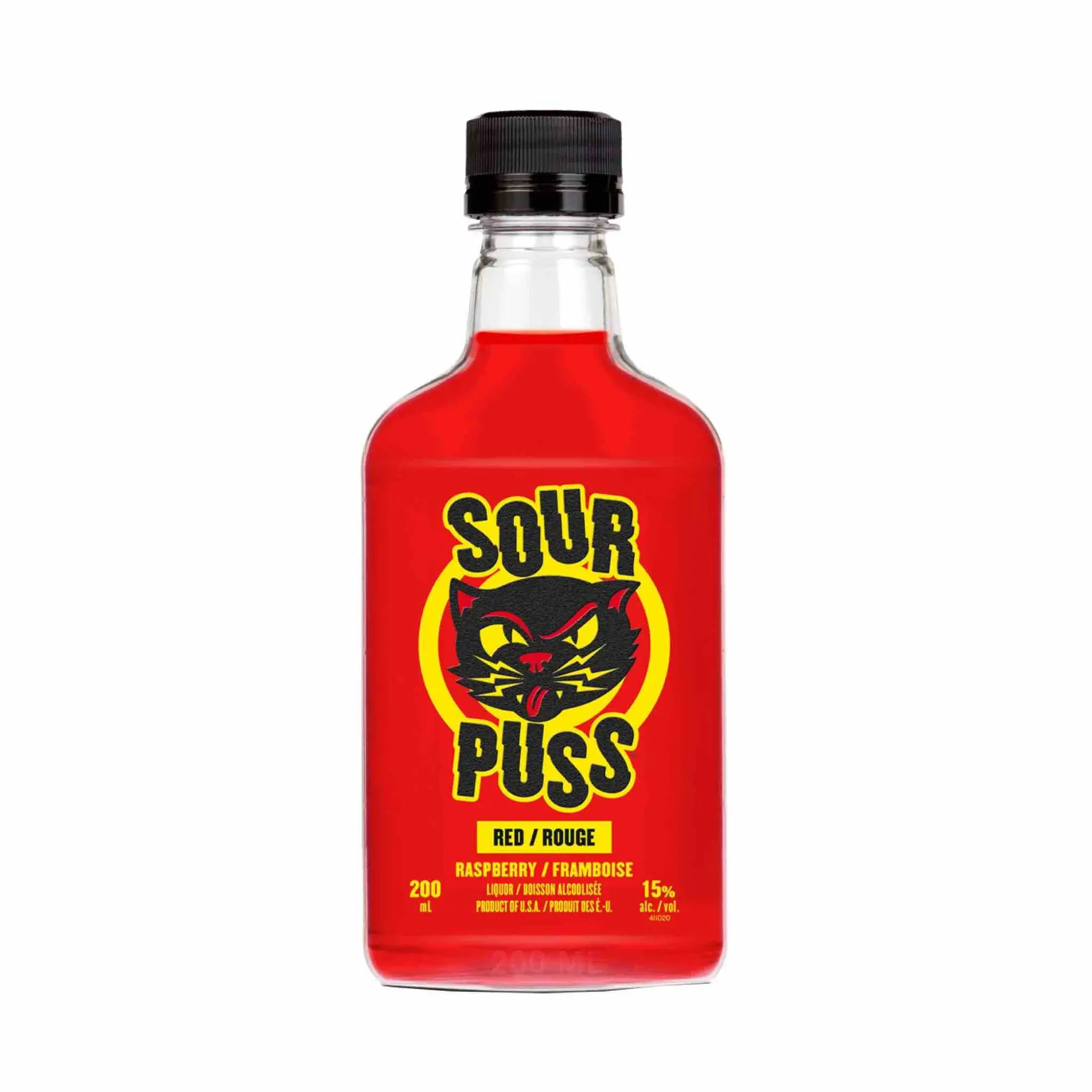 Buy Sour Puss Raspberry 200mL, red raspberry liquor bottle with bold label and black cap