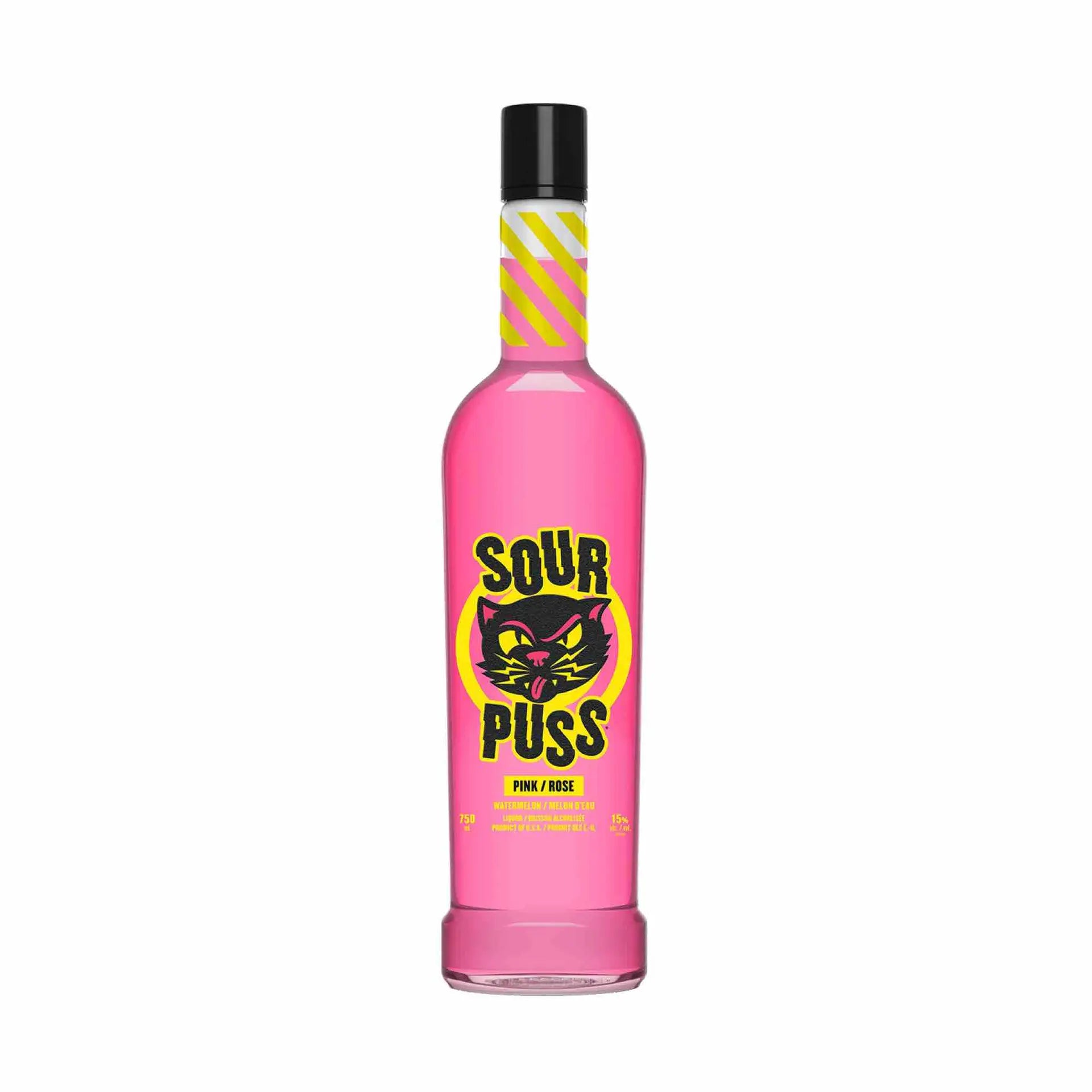 Buy Sour Puss Watermelon 750mL, vibrant pink liqueur bottle with cat logo on label.