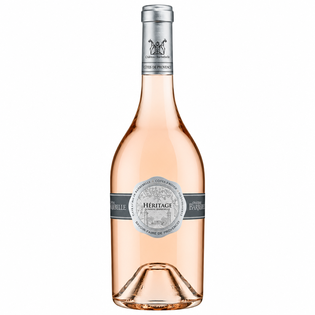 Chateau Heritage Rose wine bottle with elegant label, showcasing Chateau Barbebelle branding and floral design.