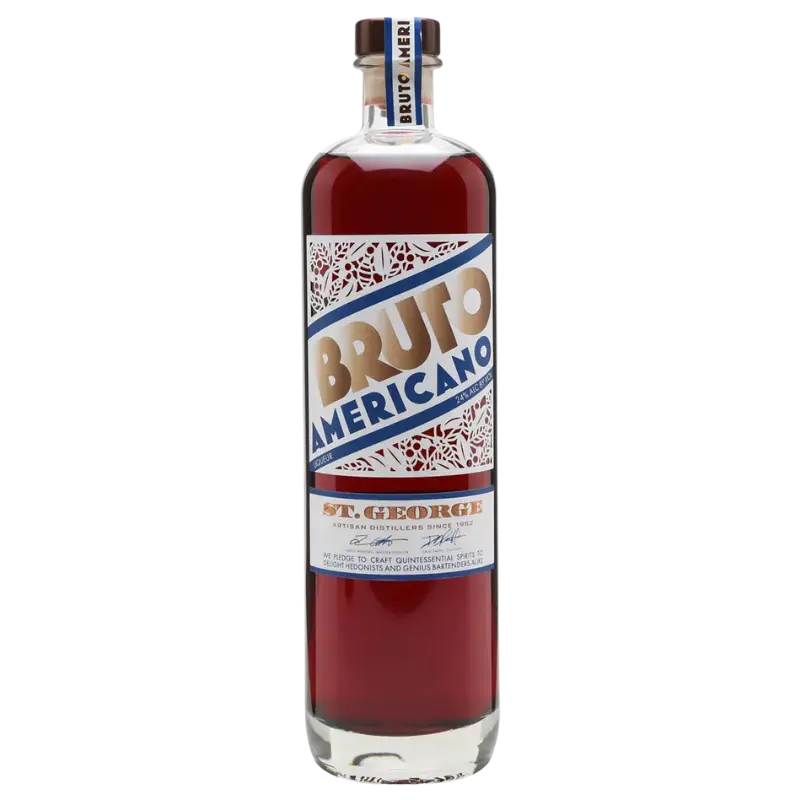 buy Bruto Americano liqueur bottle with red liquid and decorative label