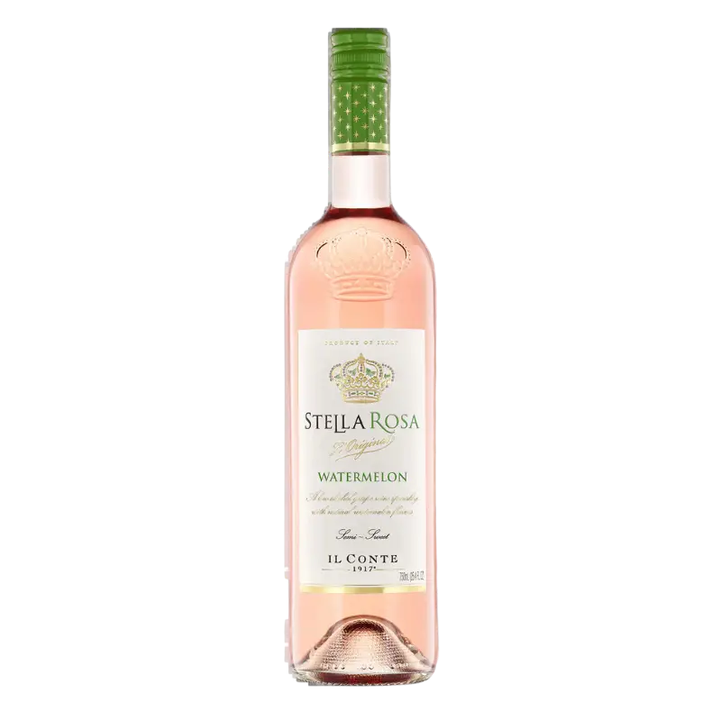 Buy Stella Rosa Watermelon 750mL sweet wine, pink bottle with green cap on white background
