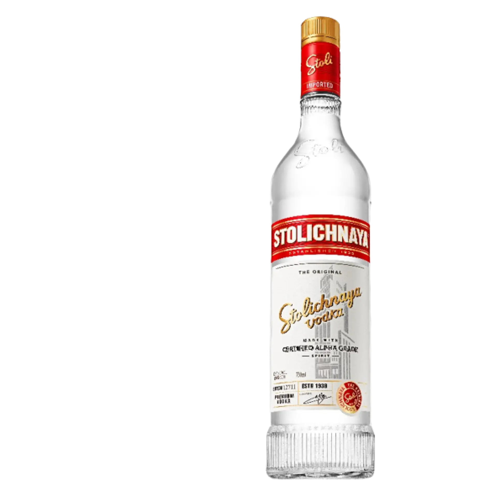 Buy Stolichnaya Premium Vodka 750mL, clear glass bottle with red and gold label.