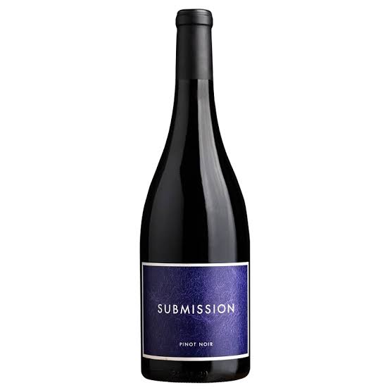Bottle of Submission Pinot Noir 750mL with a dark red wine inside, featuring a label with elegant design and branding.
