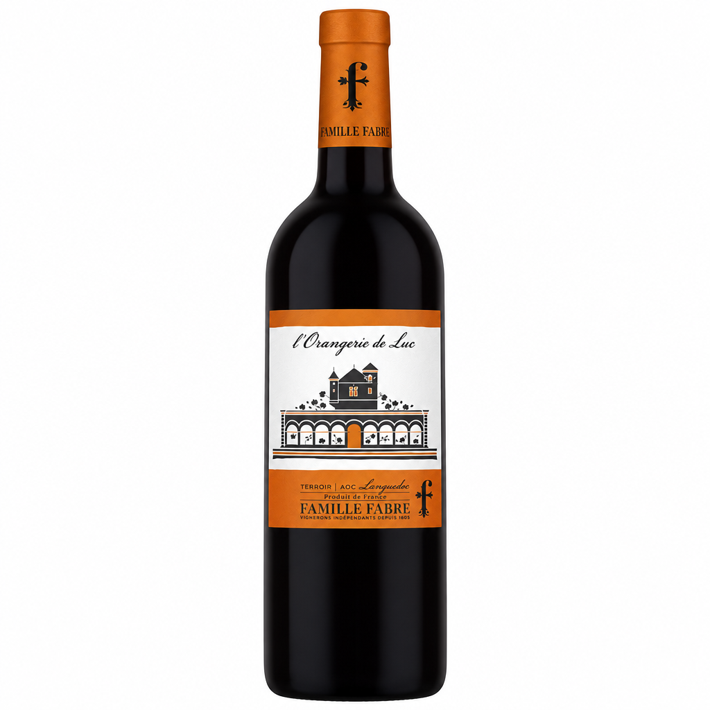 Famille Fabre L'orangerie De Luc red wine bottle with label featuring orange and citrus imagery, standing upright.