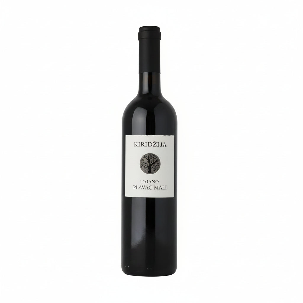 Tajano Plavac Mali Kiridzija red wine bottle, 750mL, featuring a dark glass bottle with label and cork closure.