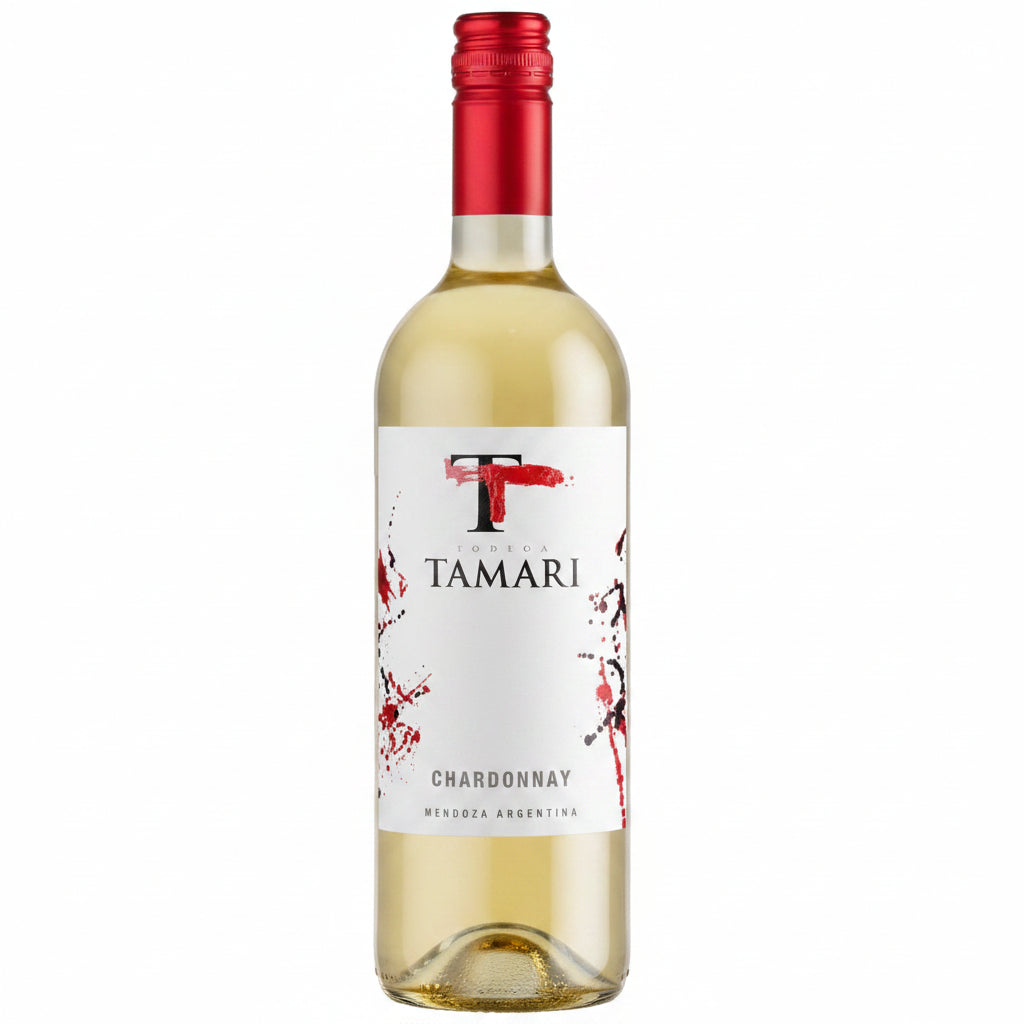 Bottle of Tamari Chardonnay 750mL with a clear label and elegant wine glass in the background.