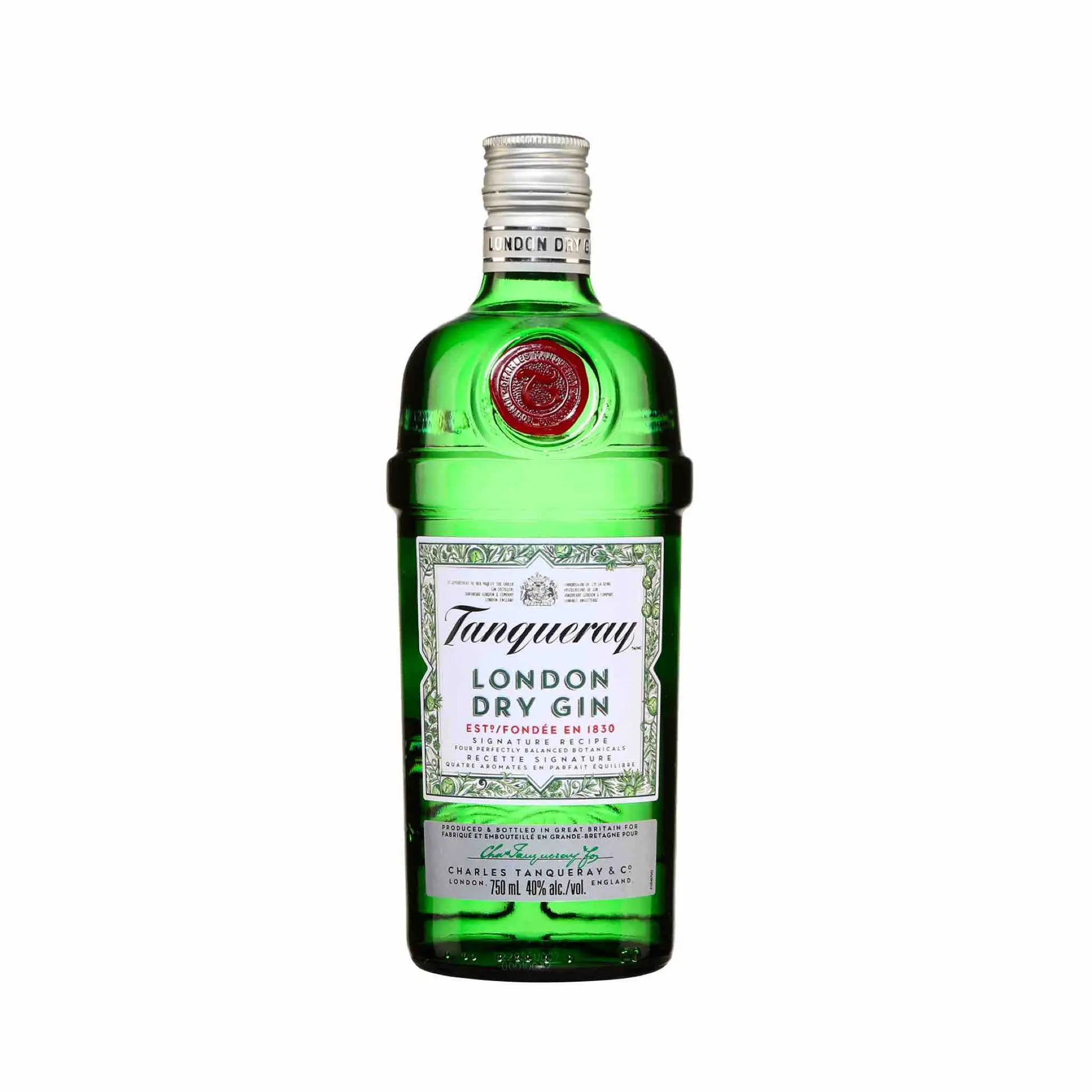 Buy Tanqueray London Dry Gin 750mL, classic green bottle with label visible