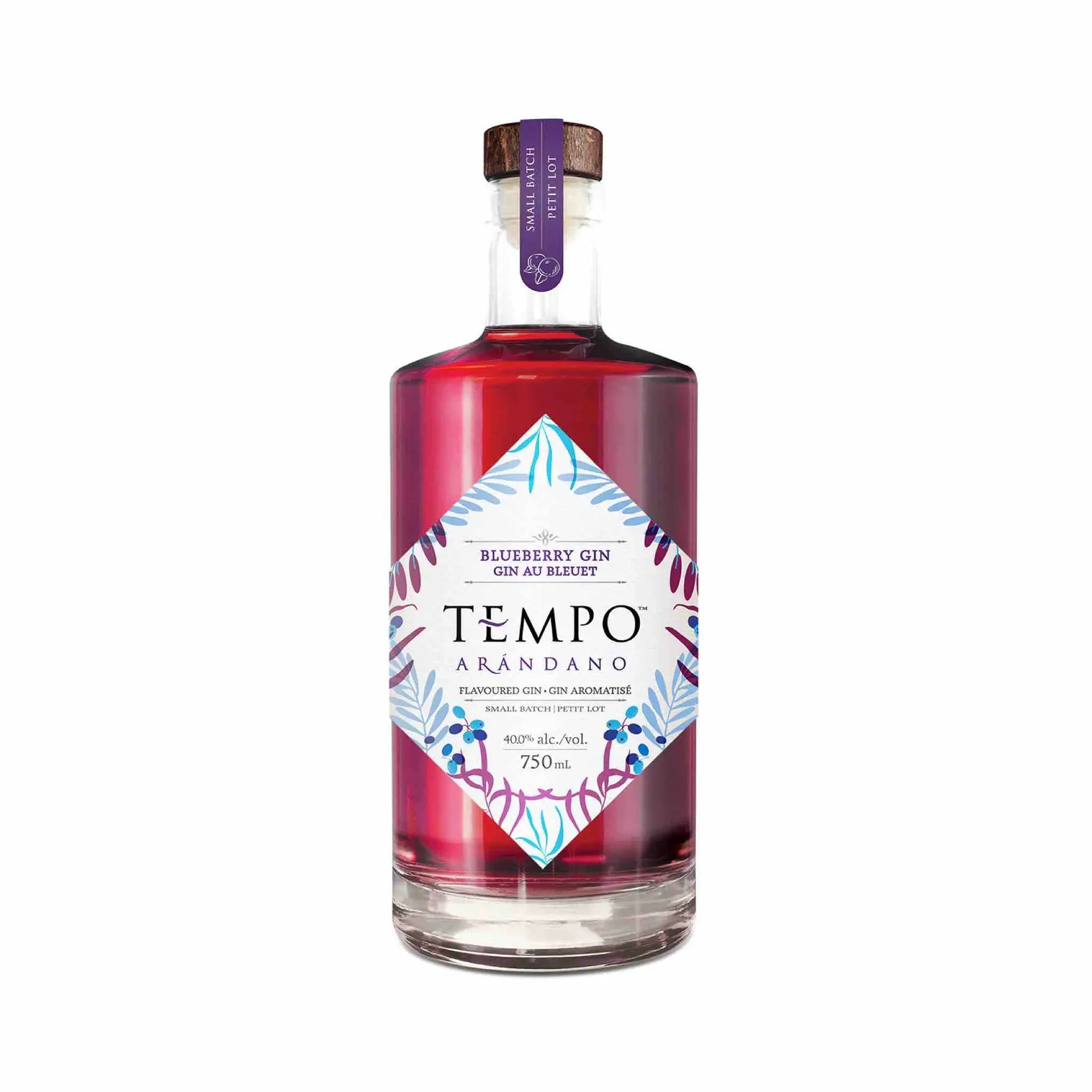Buy Tempo Arandano Blueberry Gin 750mL, purple bottle with botanical label, premium gin
