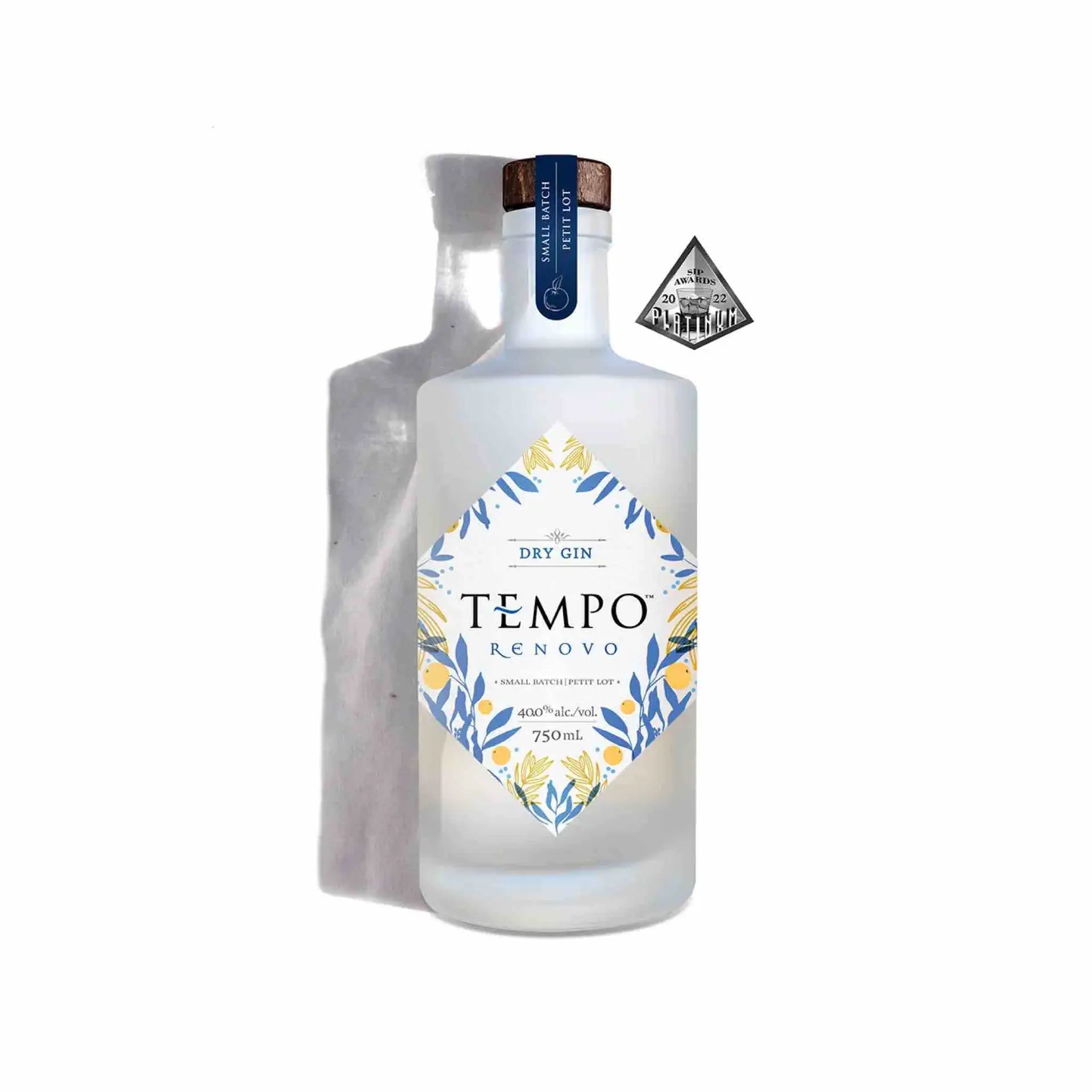 Buy Tempo Renovo Dry Gin 750mL, small batch premium gin with floral label and cork top