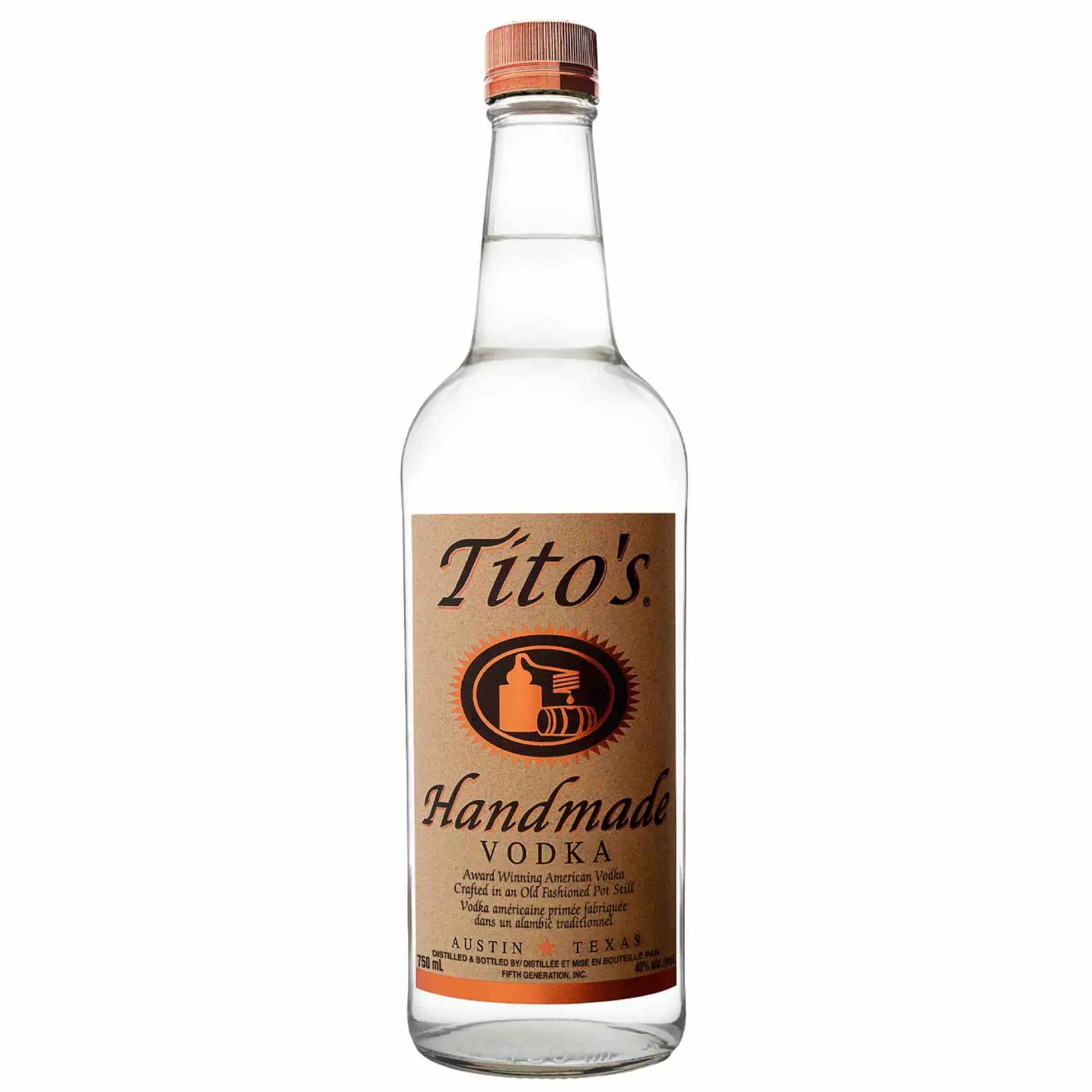 Buy Tito's Handmade Vodka 750mL clear glass bottle with tan label and copper cap