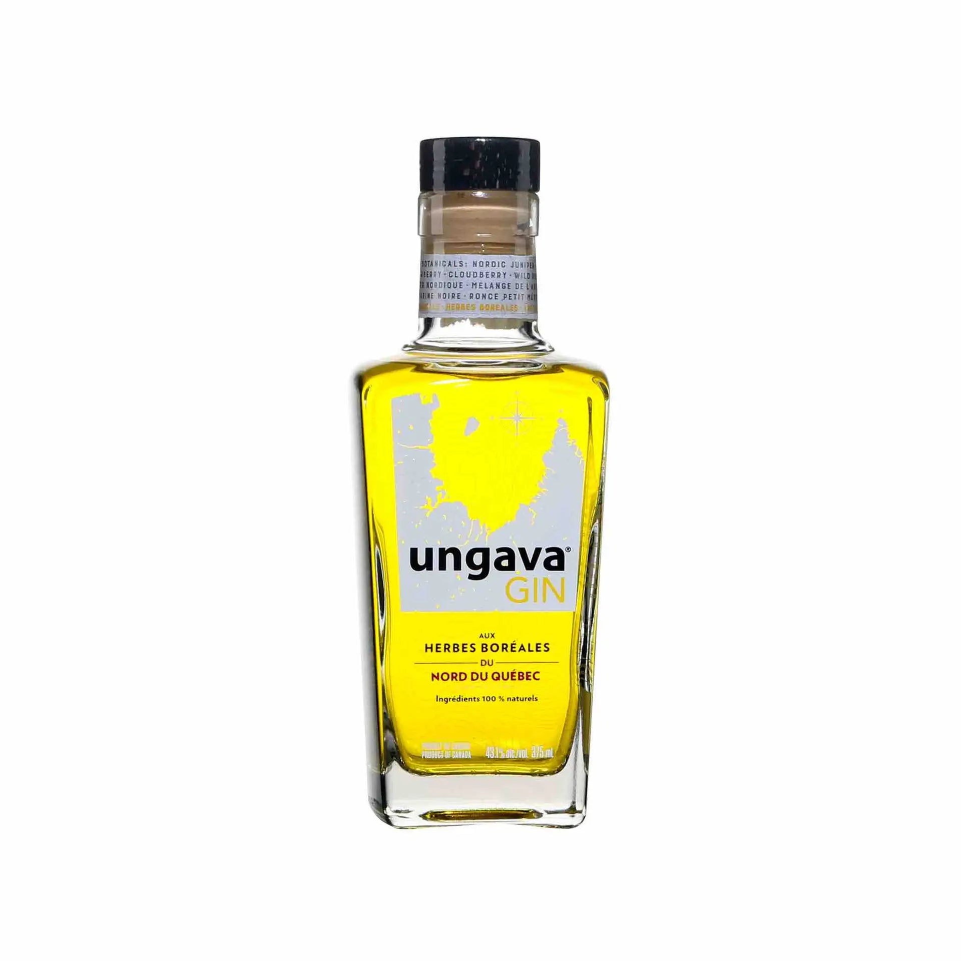 Buy Ungava Gin 375mL, clear square bottle with yellow gin and labeled from Quebec.