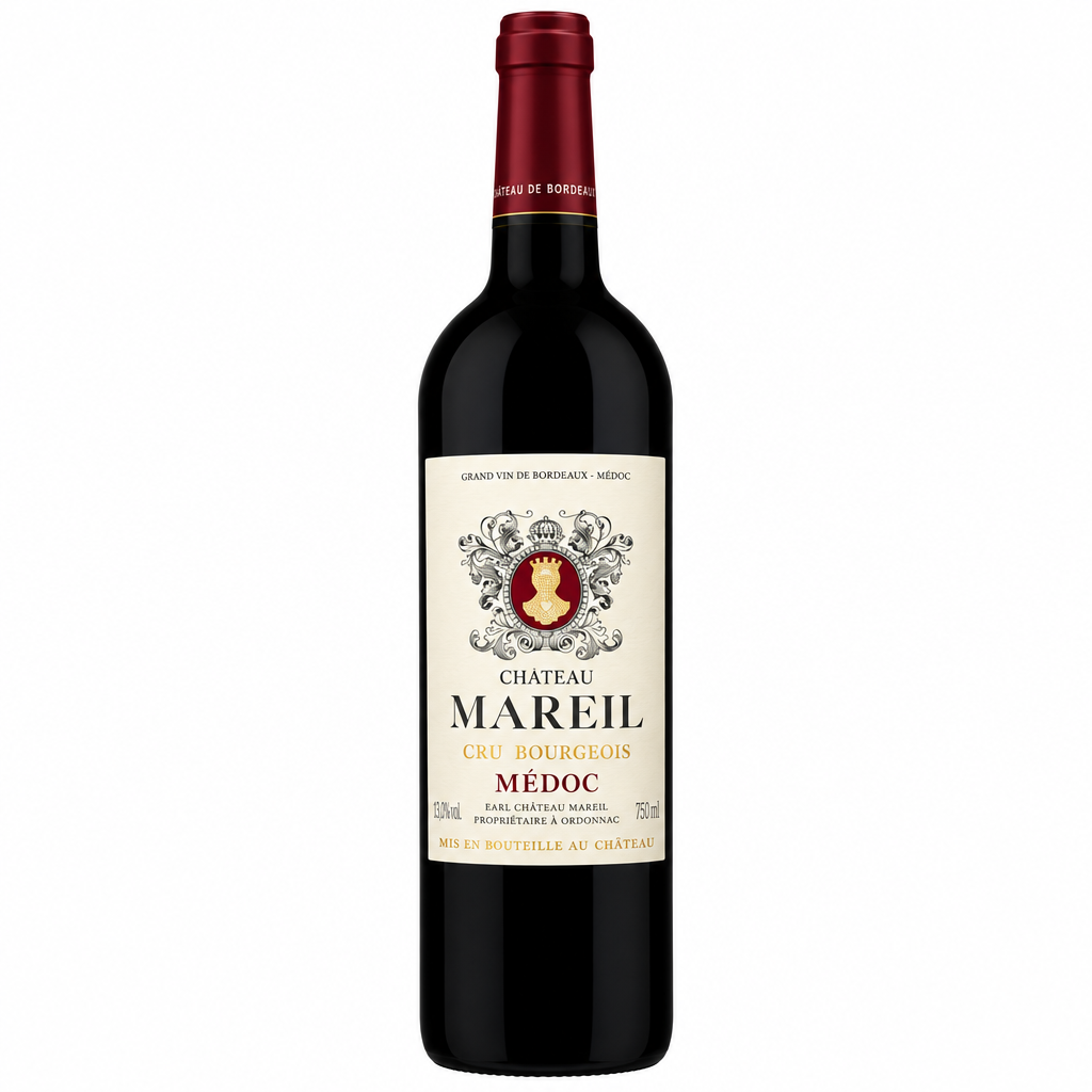 Bottle of Chateau Mareil Medoc Bordeaux red wine with a dark label and elegant packaging on a neutral background.