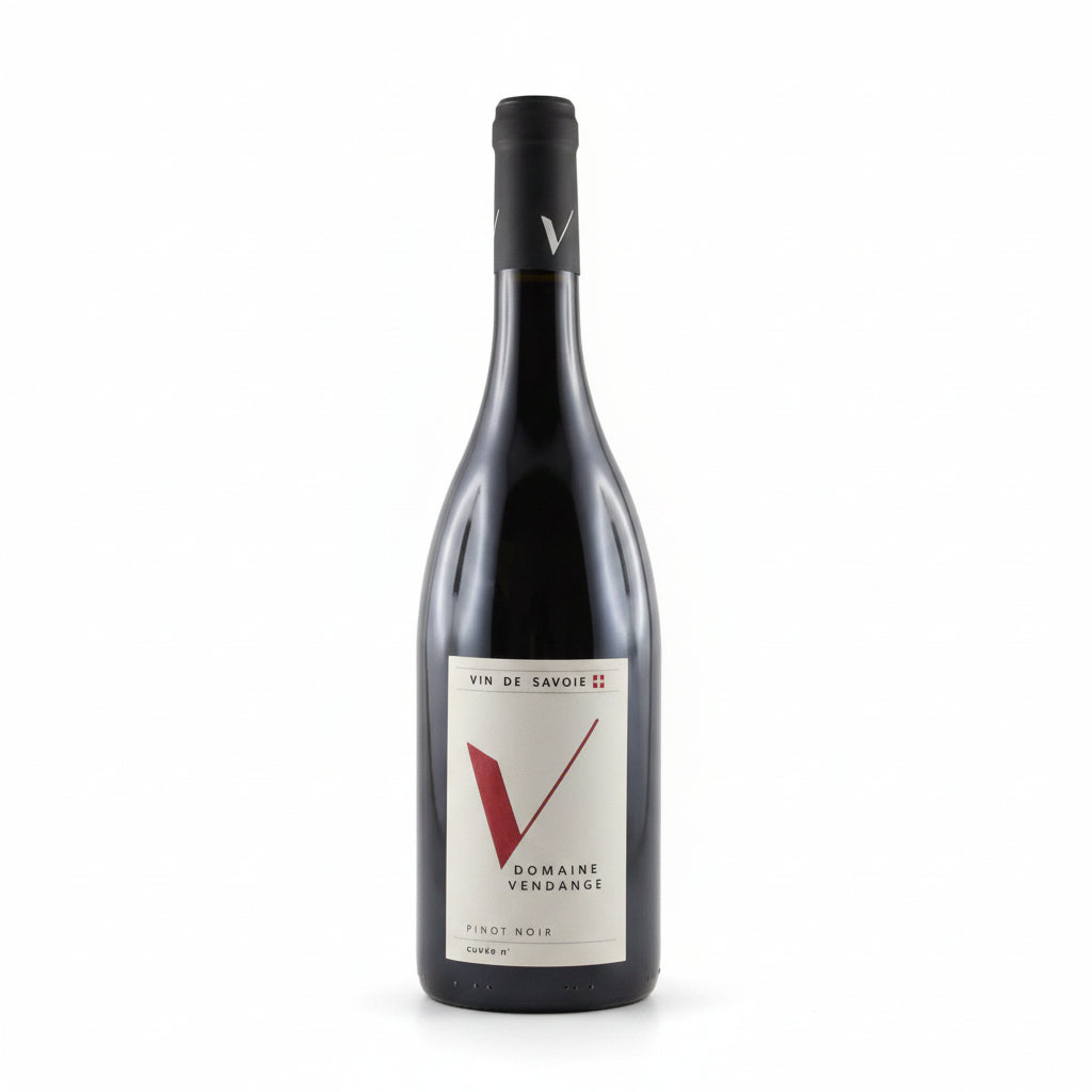 Chateau Chateau La Dominique Vendange Savoie Pinot Noir wine bottle with label and cork in a natural setting