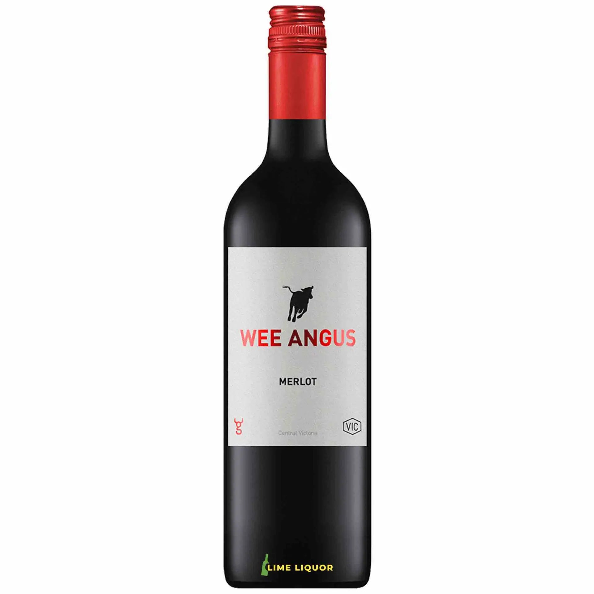 buy Wee Angus Merlot 750mL red wine bottle with red cap and minimalist label