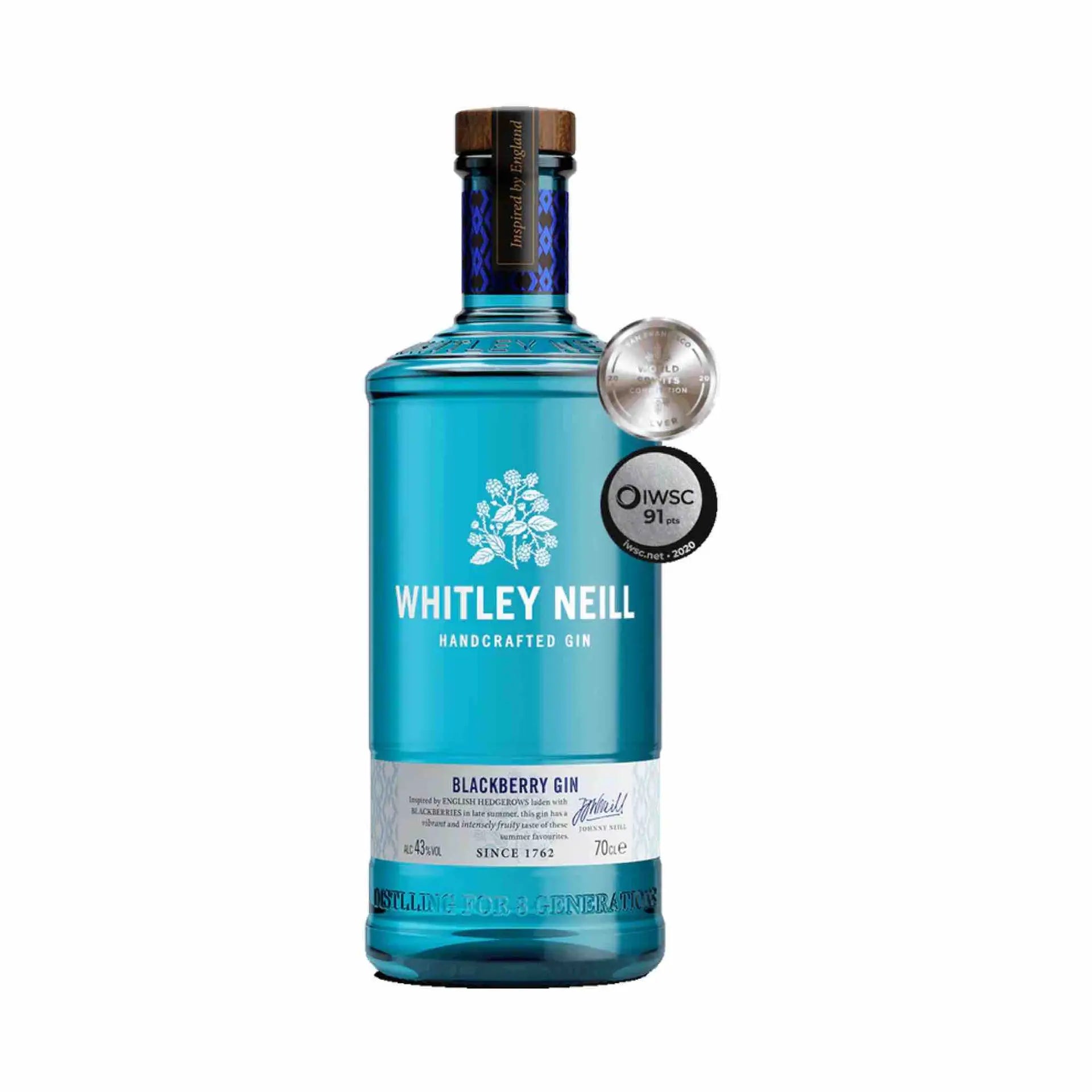 buy Whitley Neill Blackberry Gin 750mL, award-winning blue bottle on white background