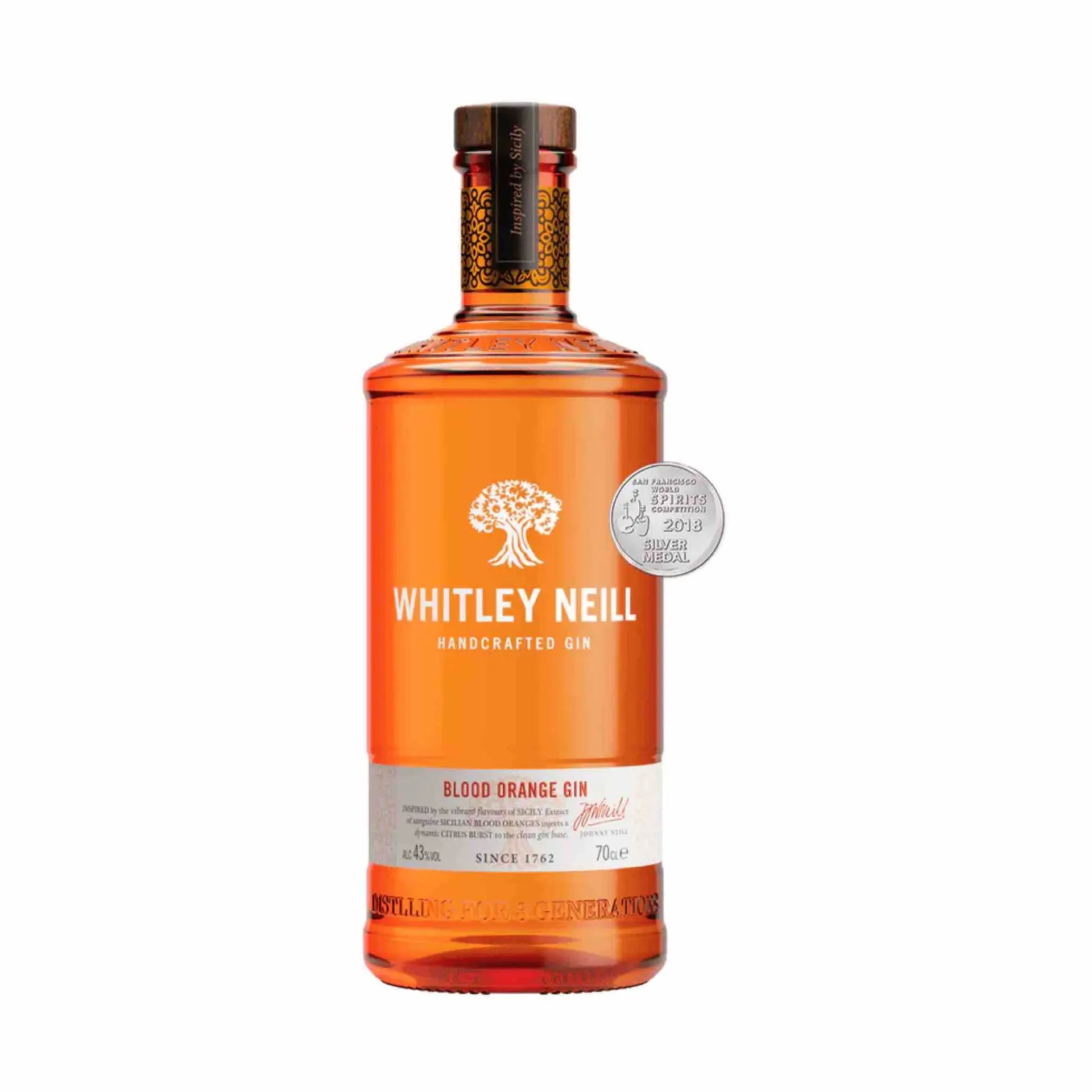 buy Whitley Neill Blood Orange Gin 750mL bottle with orange label and silver award