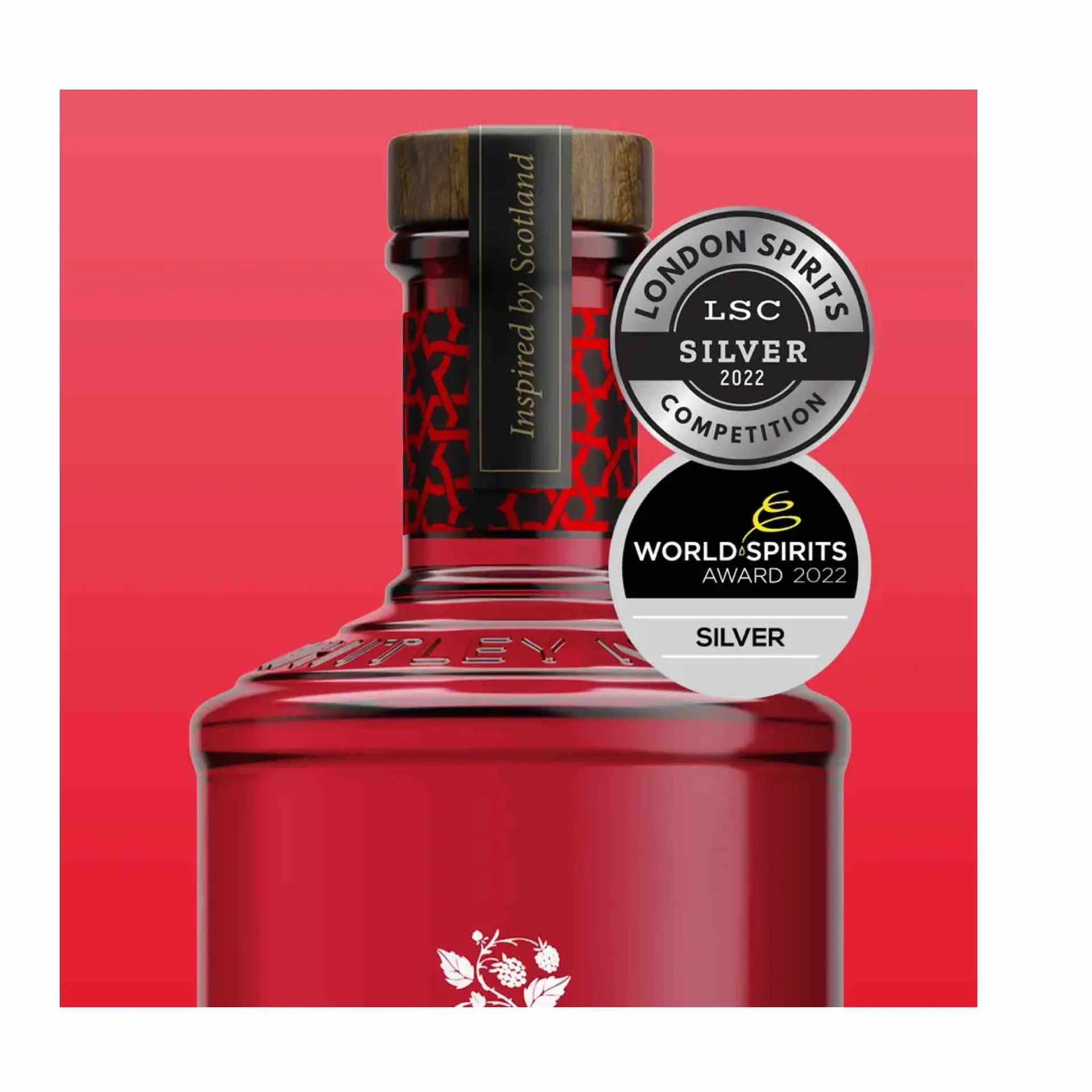 buy Whitley Neill Raspberry Gin 750mL red bottle with award medals