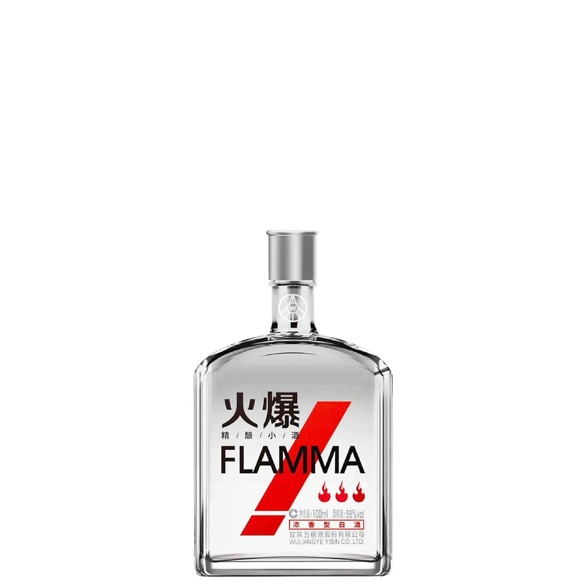 Buy Flamma liquor in a clear rectangular bottle with red accents and Chinese characters.