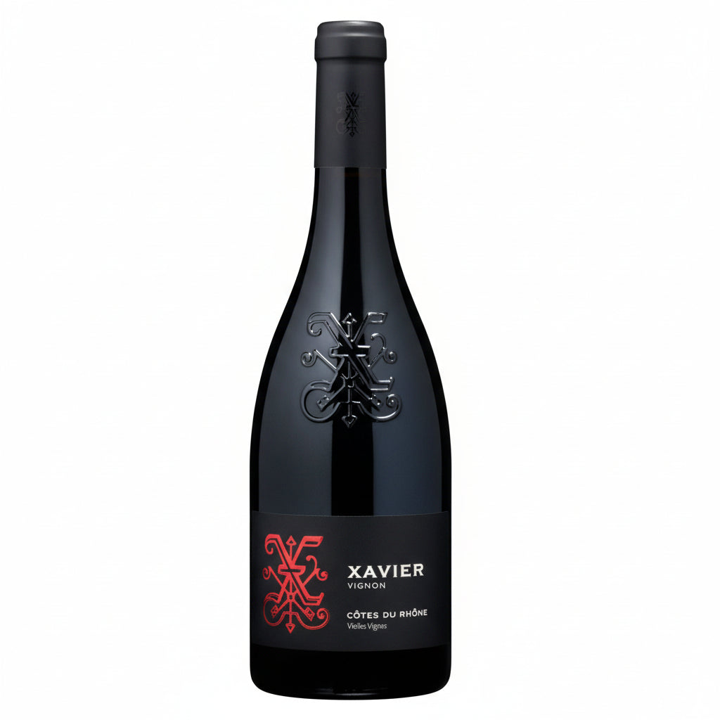 Bottle of Xavier Vindnon Cotes du Rhone Vielles Vignes red wine with a label featuring traditional artwork, displayed upright.