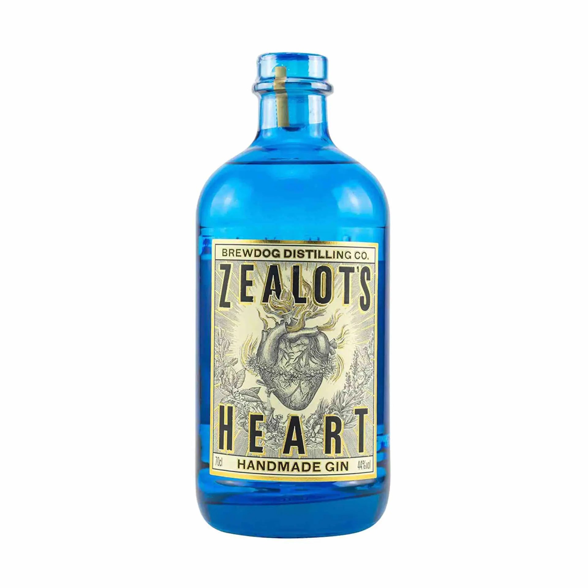Buy Zealots Heart Handmade Gin 700mL, blue glass bottle, premium spirits online