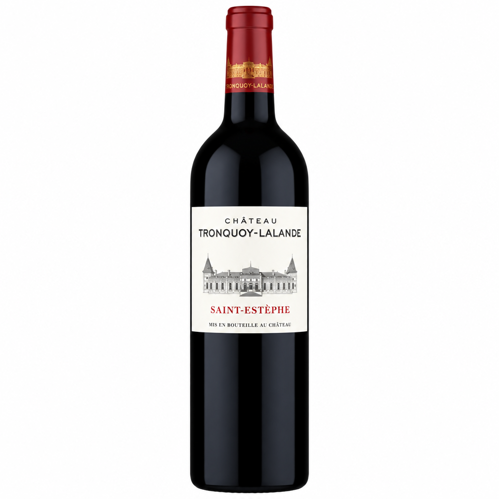 Chateau Tronquoy Lalande Bordeaux red wine bottle with label, cork, and foil capsule displayed against a neutral background.