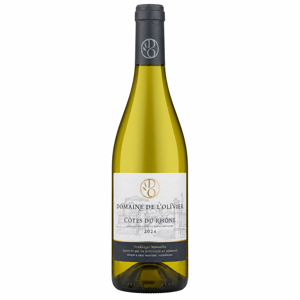 Bottle of Domaine de L'olivier Cotes du Rhone white wine with label showing Domaine branding and vineyard details.