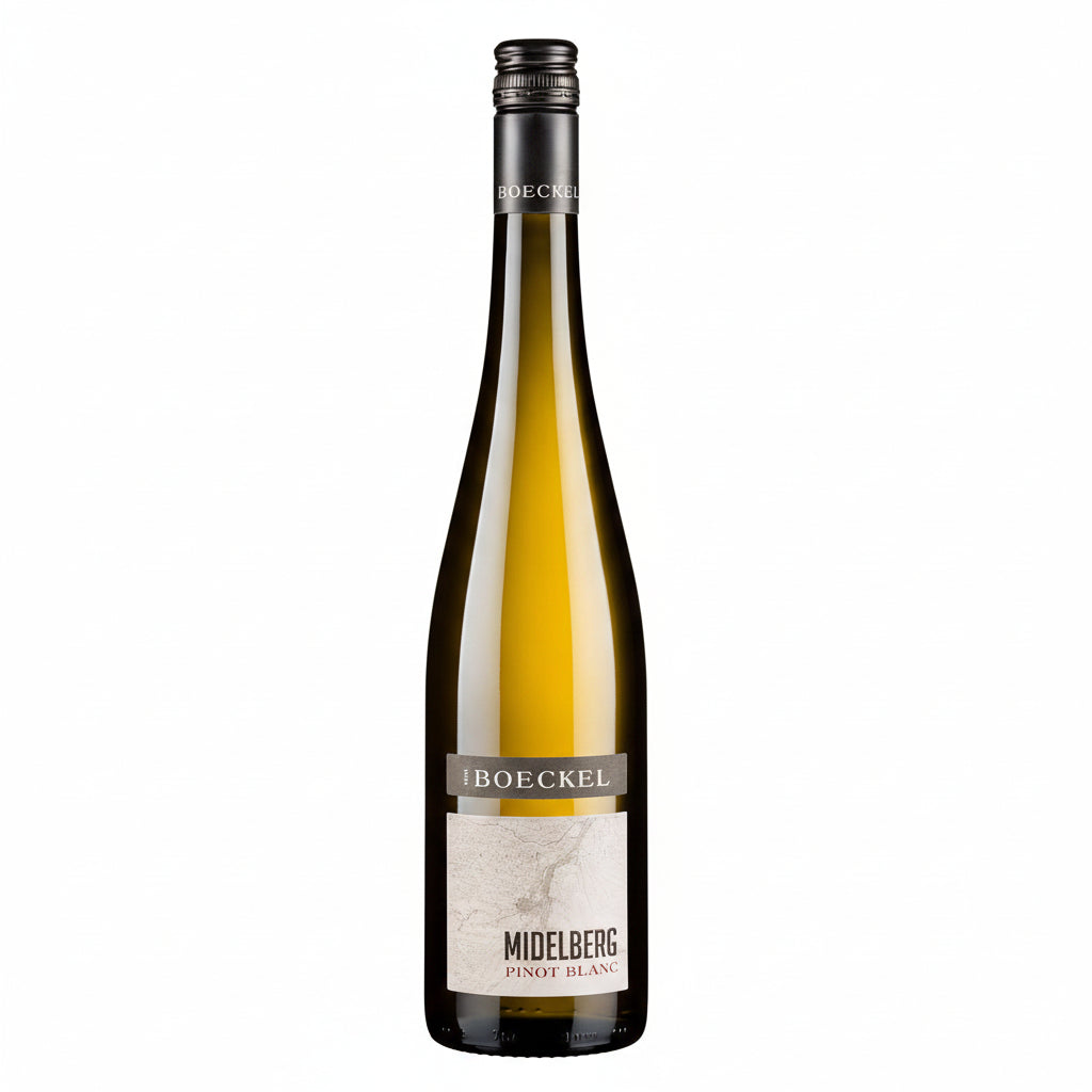 Boeckel Pinot Blanc Midelberg wine bottle with label, showcasing elegant glass bottle and wine branding.