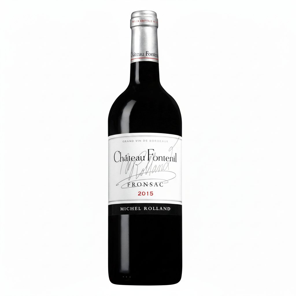 Bottle of Chateau Fontenil Bordeaux 2015 red wine with a label featuring the Chateau logo and vintage year.