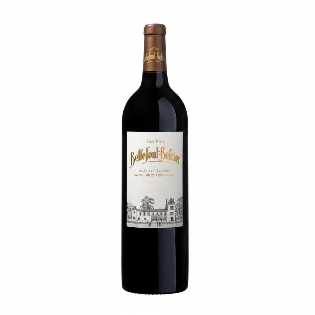 Chateau Bellefont-Belcier St Emilion Grand Cru wine bottle with label, featuring elegant design and classic Bordeaux branding.