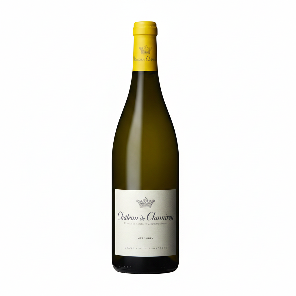 Chateau de Chamirey Mercurey Blanc wine bottle with label and glass of white wine on a wooden table.