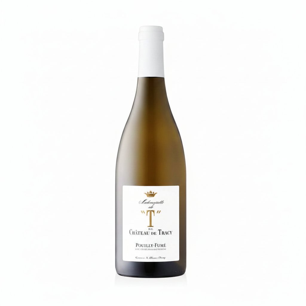 Le Caillou Blanc wine bottle from Le, shown with Château de Tracy Mademoiselle de T. Pouilly-Fumé in the background.