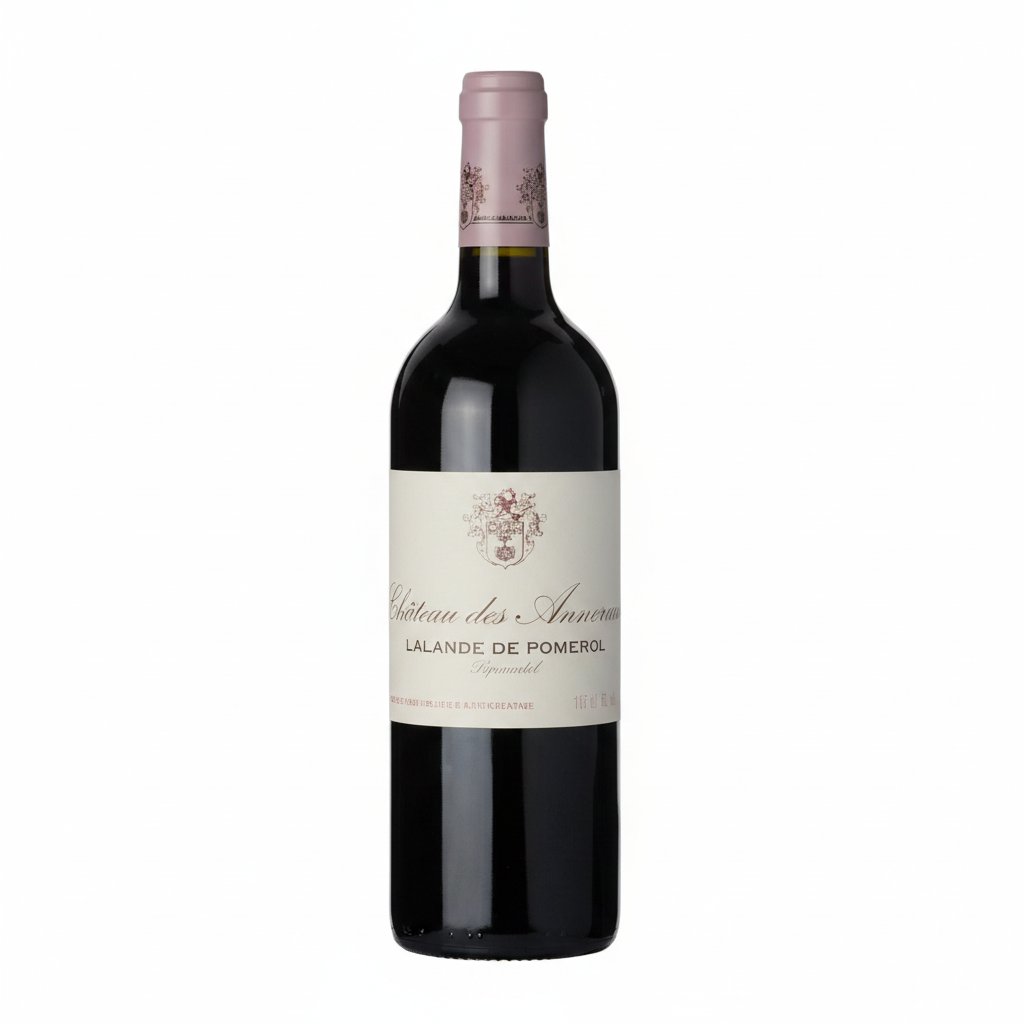 Bottle of Chateau des Annereaux Lalande-de-Pomerol 2021 red wine with a dark label and elegant packaging.