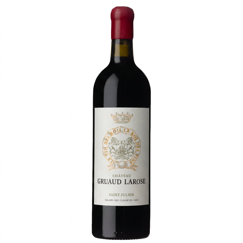 Bottle of Chateau Gruaud Larose 2021 red wine with label visible in a clear glass bottle.