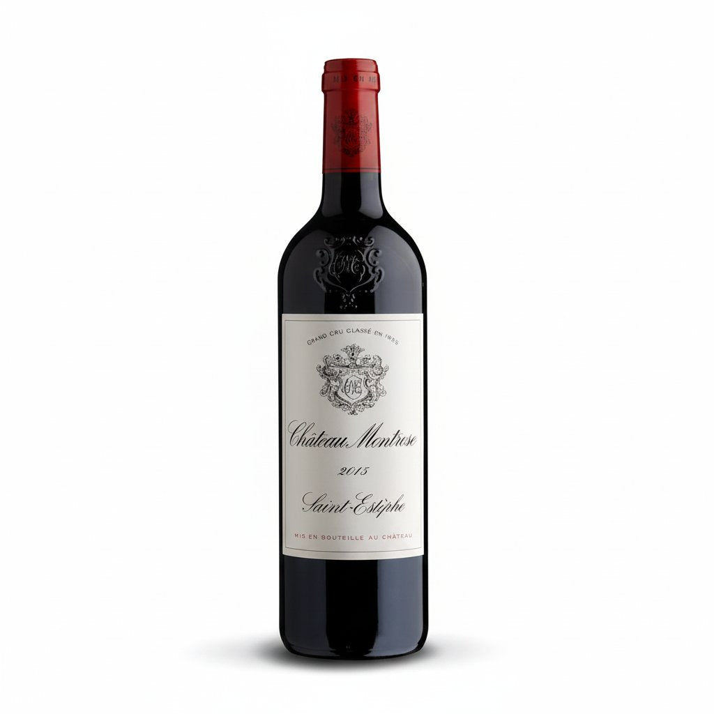 Bottle of Chateau Montrose red wine with a dark label and elegant capsule, displayed upright on a neutral background.