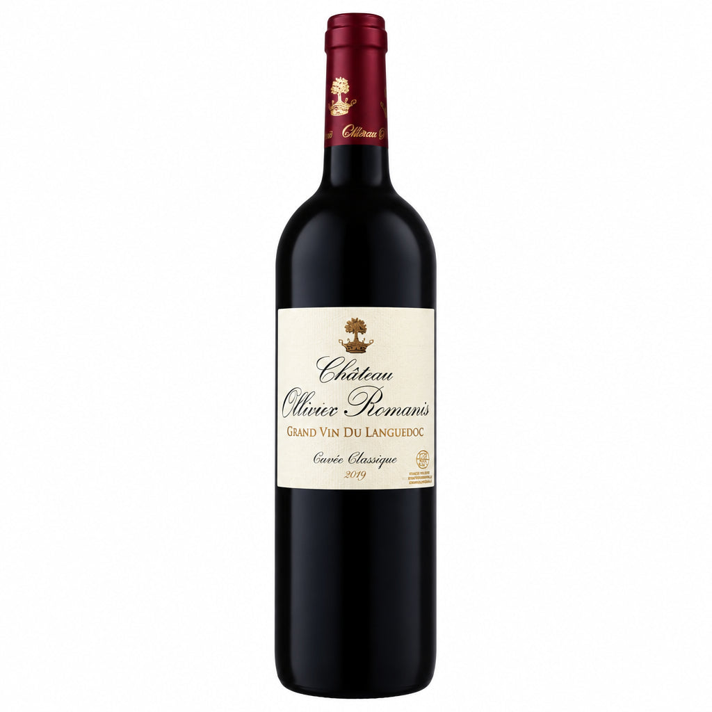 Bottle of Chateau Ollieux Romanis Cuvee Classique Rouge 2022 red wine with a dark label and foil capsule.