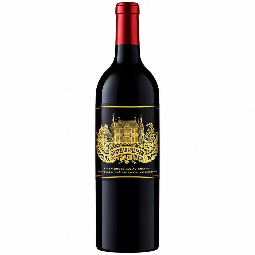 Bottle of Chateau Palmer 2019 red wine from Margaux, featuring the label and elegant wine packaging.