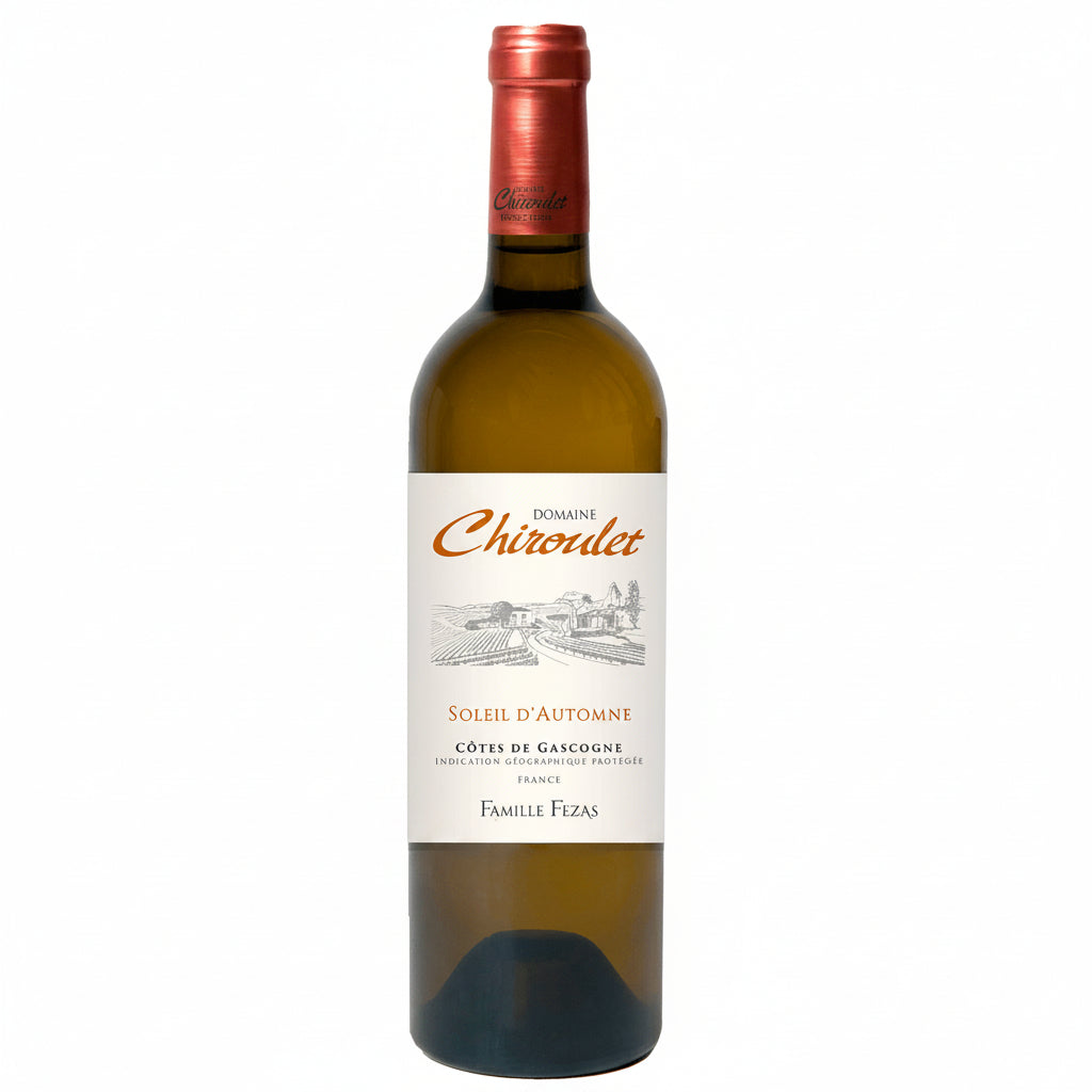 Chiroulet Soleil D'automne bottle of wine with autumn-themed label, showcasing warm colors and elegant design.