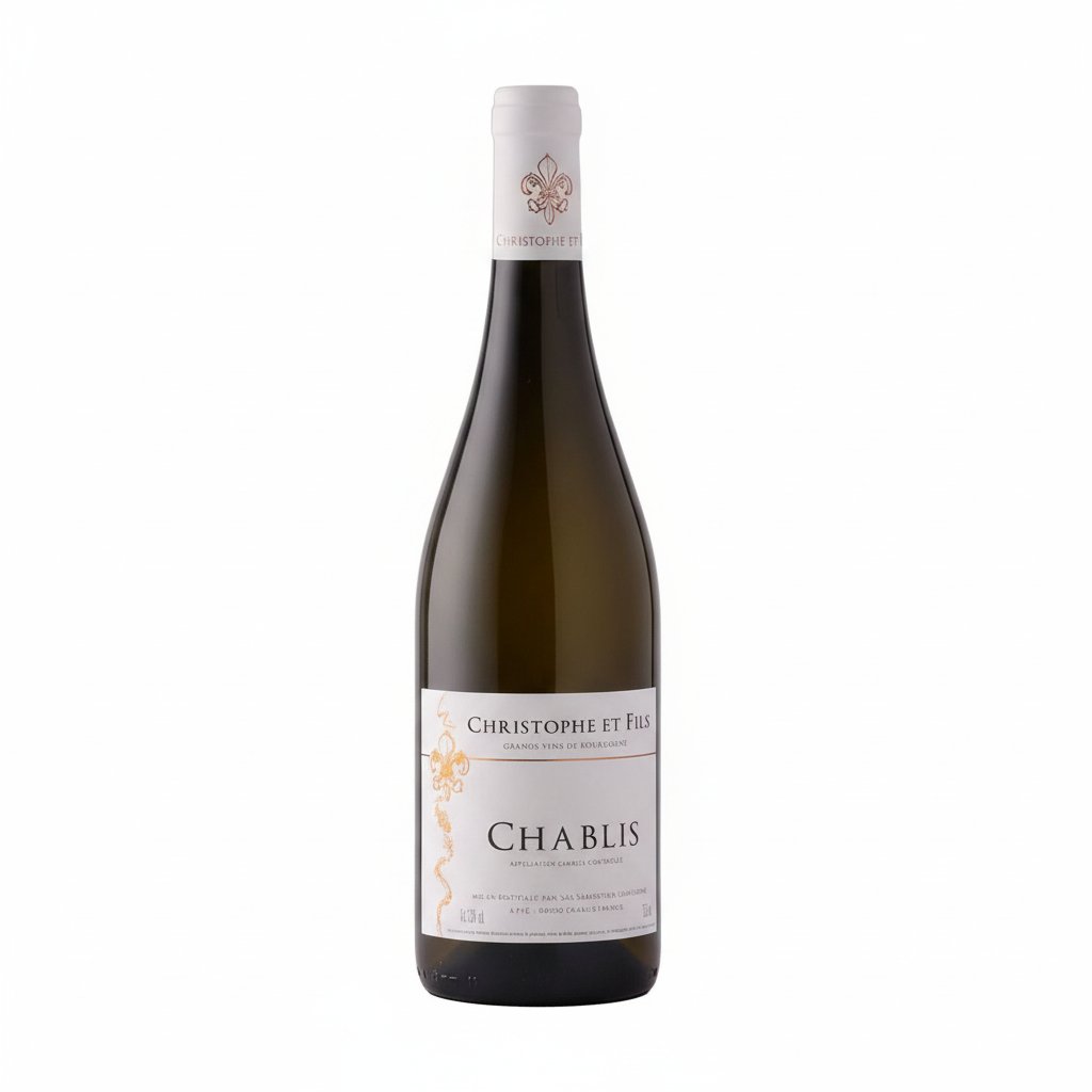 Glass of Christophe et Fils Chablis white wine in a clear glass, with a golden hue and a wine bottle in the background.