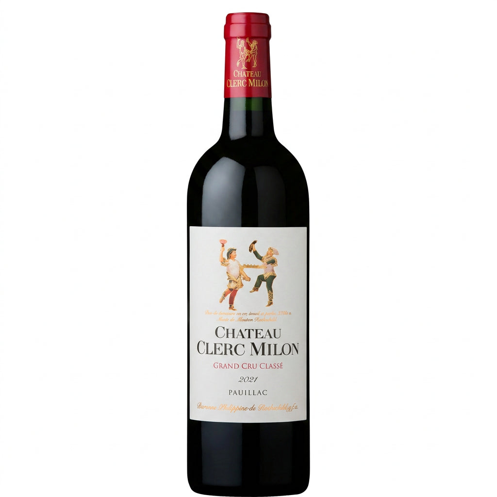 Bottle of Chateau Clerc Milon 2021 red wine with classic label and deep garnet color, showcasing a premium Bordeaux wine.