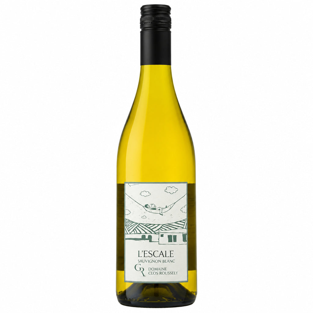 Close-up of a bottle of Clos Roussely L'escale Sauvignon Blanc wine from Domaine Clos, featuring a white label with elegant design.