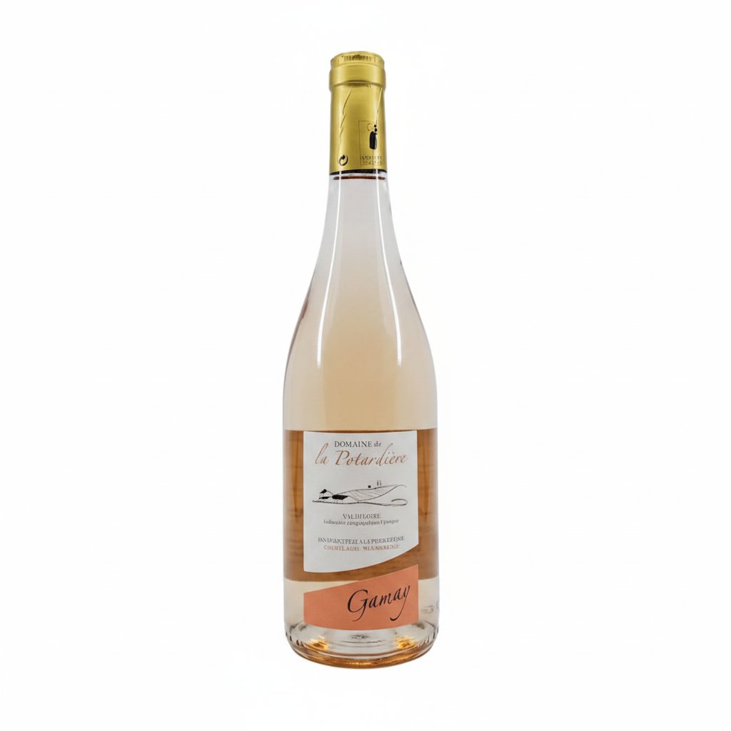 Bottle of Domaine De La Potardiere Gamay Rose wine in a clear glass with a pink hue and label visible.