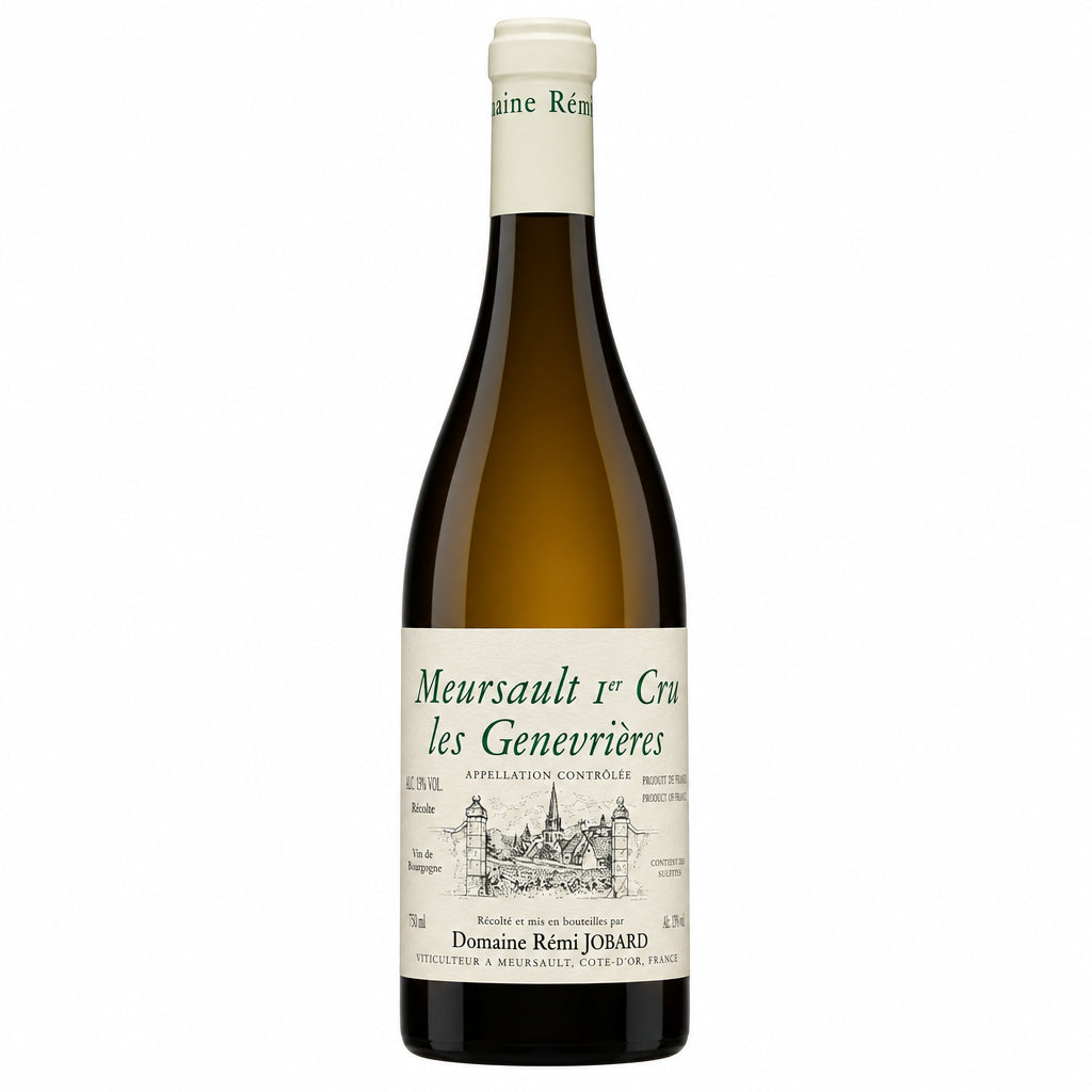 Bottle of Domaine Remi Jobard Meursault Les Genevrieres Premier Cru 2023 white wine in a clear glass bottle with a label.