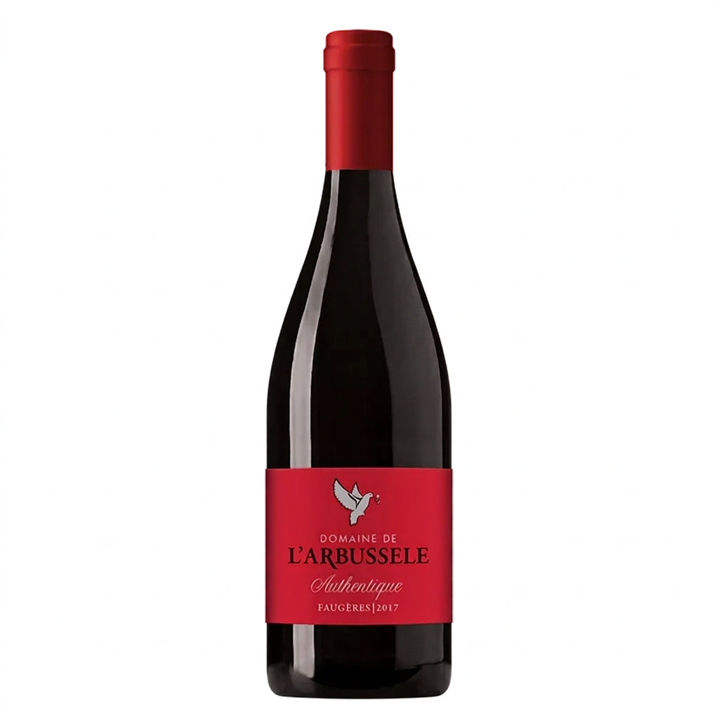 Domaine L Arbussele Authentique Faugeres red wine bottle with label, showcasing rich color and elegant packaging.