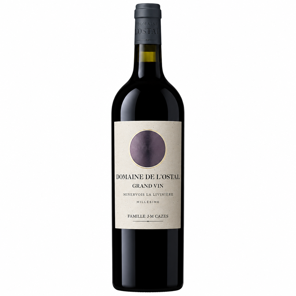 Famille J.M Cazes Lostal Cazes Grand Vin Minervois La Liviniere wine bottle with label and vineyard background.