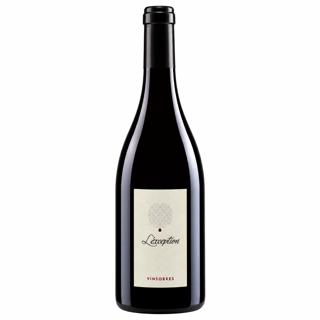 Bottle of Domaine Vallot Vinsobres L'exception red wine in a glass with a deep red color and elegant label.