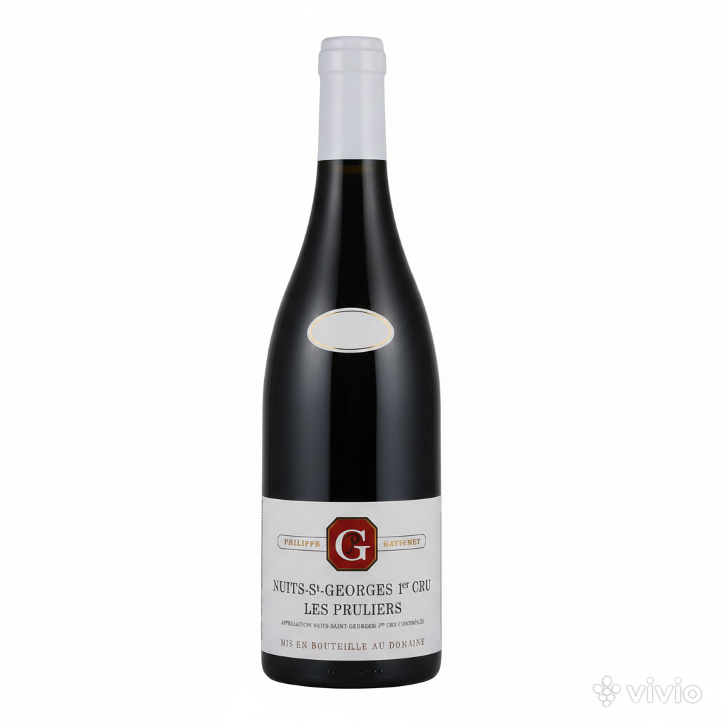 Bottle of Philippe Gavignet Nuits-Saint-Georges 1er Cru Les Pruliers wine in a wine glass, showcasing the label and deep red color.