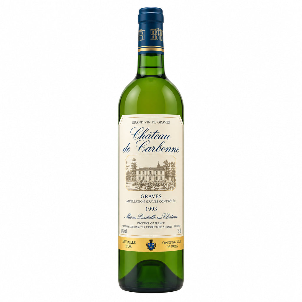 Chateau De Callac Graves Blanc wine bottle with label and glass of white wine on a wooden table.