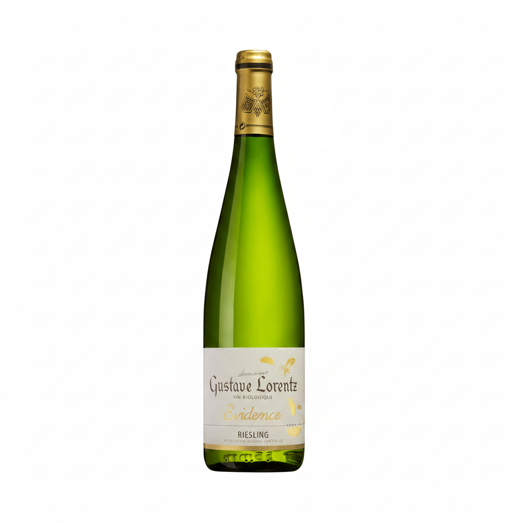 Organic Gustave Riesling wine bottle with label visible, showcasing a clear glass bottle and elegant label design.